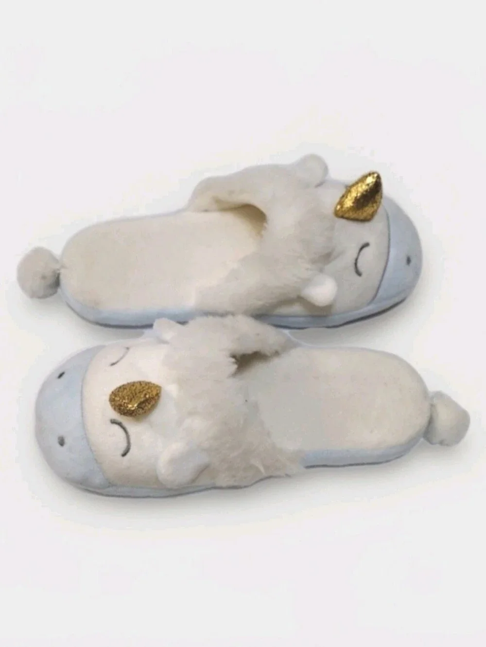 Kids Unicorn Plush House Slippers Faux Fur Gold Horn Cozy Bedroom Shoes Size 6